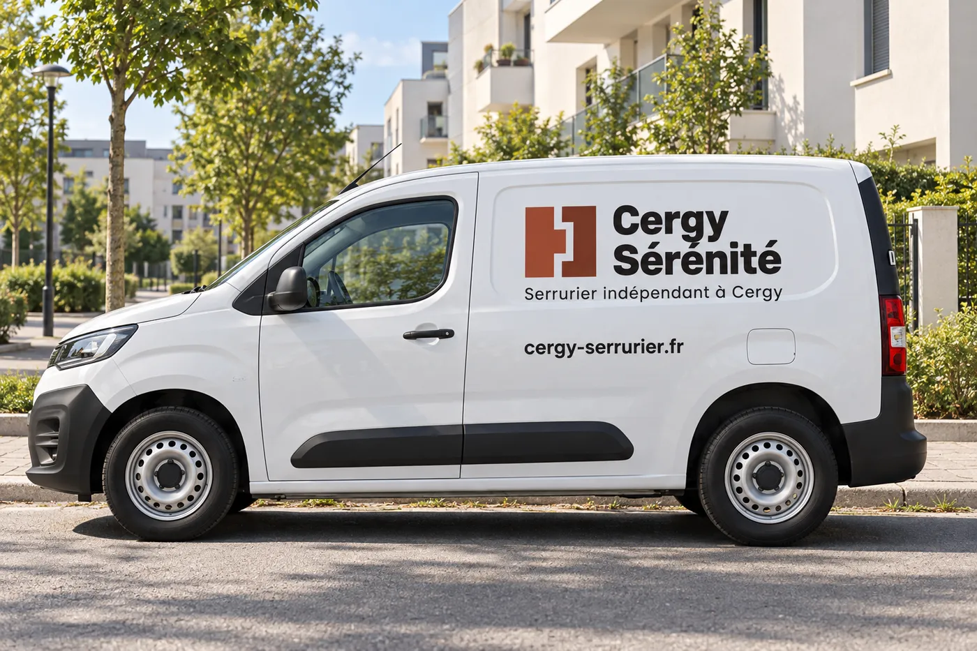 Utilitaire blanc Cergy Sérénité siglé cergy-serrurier.fr, garé dans une rue résidentielle de Cergy
